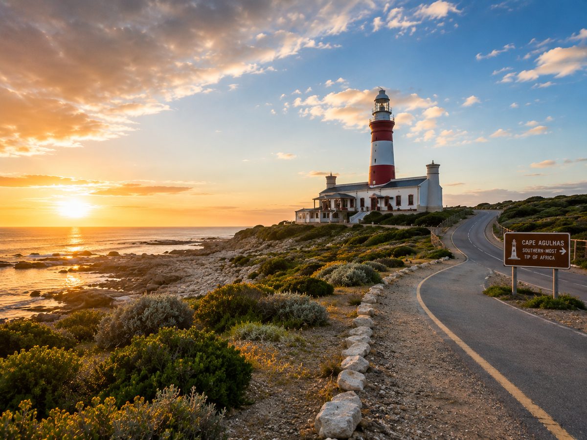 Cape Agulhas lighthouse at sunset with the coastal road